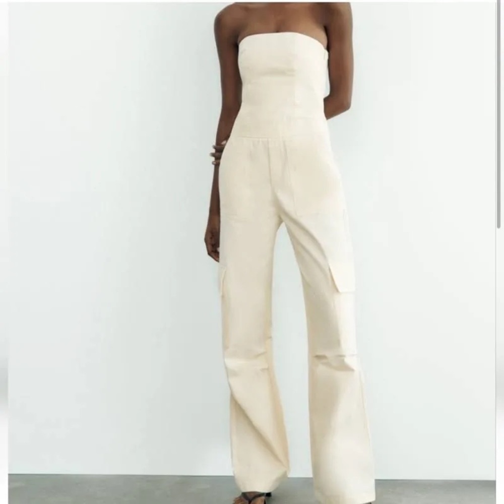 Zara Cargo Wide Leg Long Jumpsuit Strapless Utility XS